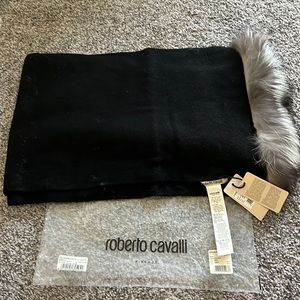 New Roberto Cavalli Firenze Florence Italy black cashmere wool fur scarf wrap